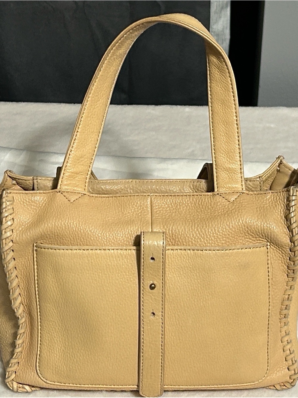 HOBO Beige/Yellowish Supple Pebbled Leather Shoulder Bag with Whipstitch Trim